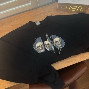 skeleton denim patchwork crewneck